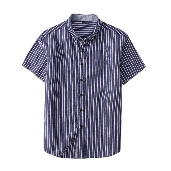 

NORMEN Men's Fashion Striped Shirts Short Sleeve 100% Cotton Turn Down Collar Casual Tops Shirts Men Summer Streetwear