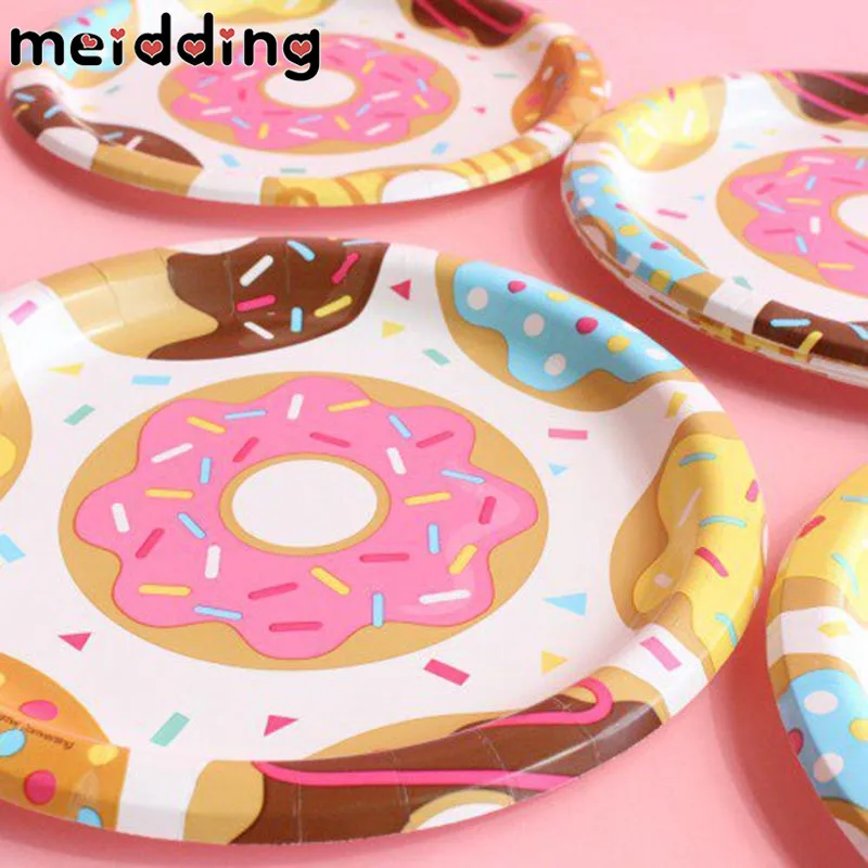 

MEIDDING 8pcs Disposable Tableware Paper Plates Wedding Decoration Donut Party Theme Baby Shower 1st Birthday Party Supplies