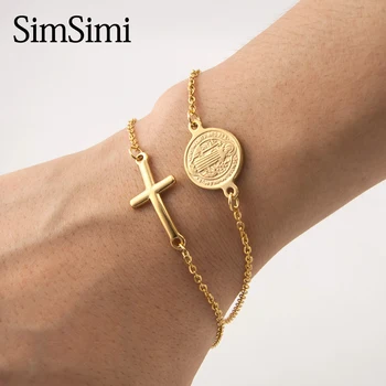 

Stainless Steel Saint Benedict Medal Cross Charm Gold/Silver Color Religious Bracelet Catholic Medals Bracelet Pulsera Catolica