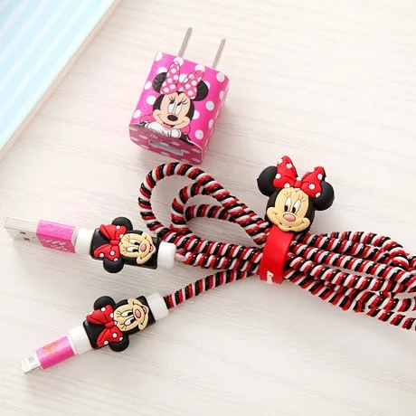 

New Mickey and Minnie USB Cable Earphone Protector Set with Cable Winder stickers Spiral Cord protector For iphone 5 6 6s 7plus