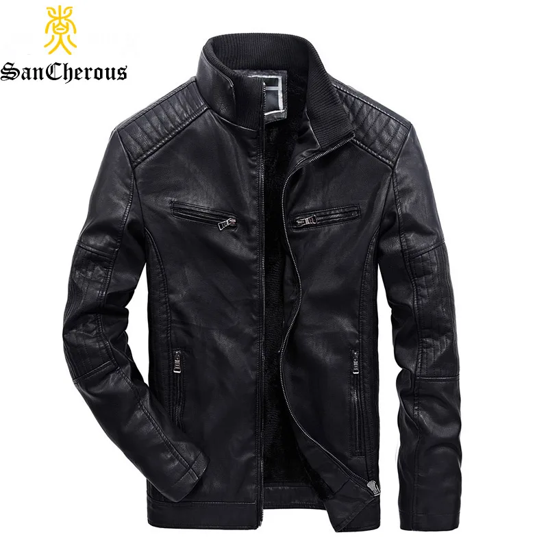 

2019 Winter Multi-pocket Leather Jacket Lining Plus Velvet Thick Men Windbreak Winter Casual Coat Size S-2XL