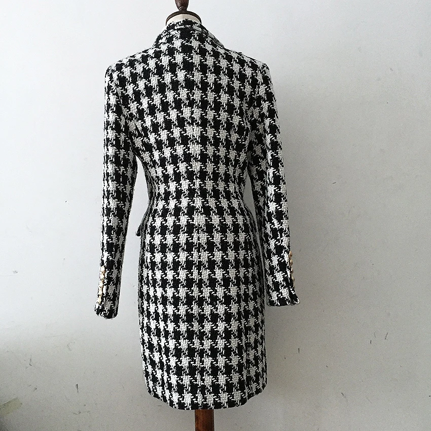 HIGH QUALITY New Stylish 2018 Designer Wool Coat Women's Double Breasted Lion Buttons Houndstooth Tweed Long Coat