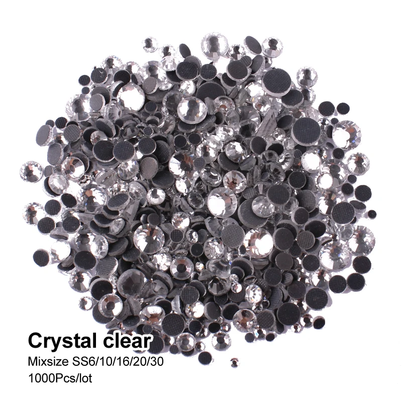 

Free shipping Mix size Rhinestone Crystal clear / AB SS6-SS30 Shiny Glass Hotfix flatback stones 1000Pcs/lot for Adornment DIY