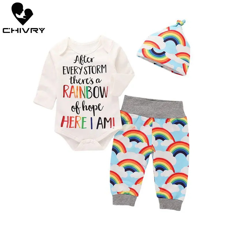 

3Pcs Newborn Infant Baby Kids Letter Long Sleeve Bodysuit Rompers + Rainbow Pants + Hat Baby Boy Girls Autumn Clothing Sets