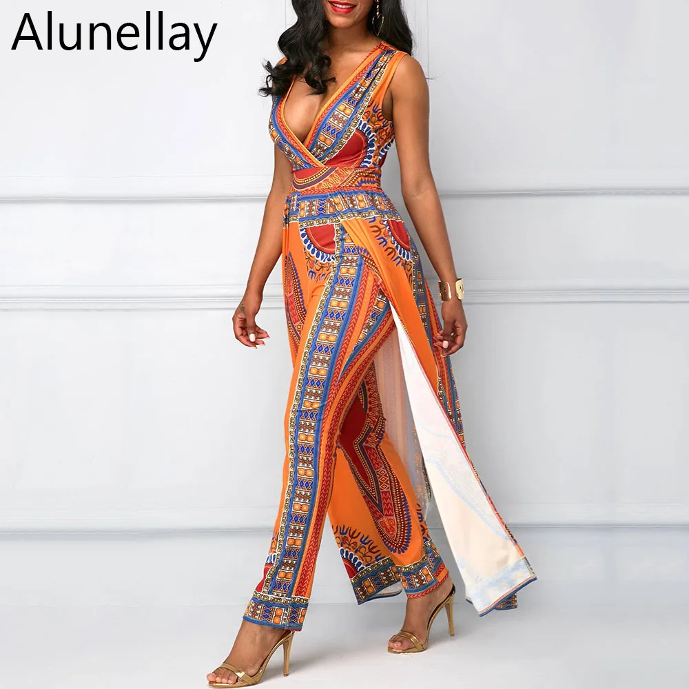 Alunellay African Design Bazin Summer Elegant Rompers Womens Jumpsuits Sleeveless Deep V Neck Long Dashiki Overalls Plus Size