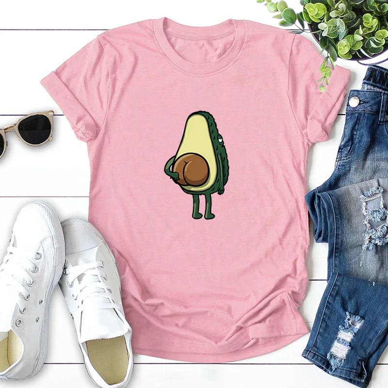 Женская футболка с рисунком авокадо, забавная Футболка с принтом, женская футболка с круглым вырезом и коротким рукавом, повседневная Милая футболка, модные топы размера плюс - Цвет: pink