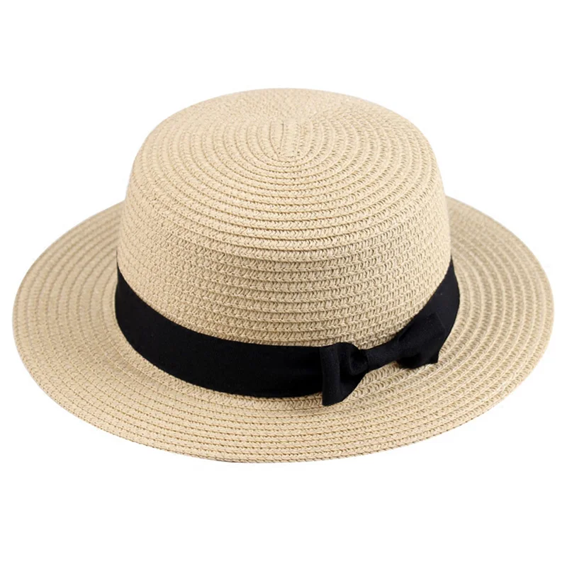 Women Boater Hat Fashion Ladies Bow Ribbon Straw Hats Summer Outdoor