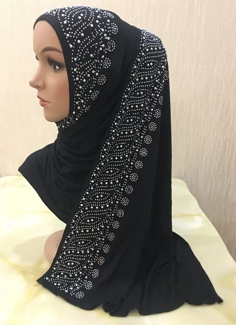H1234 Мода Модальные эластичный трикотаж длинный шарф с причудливыми стразами, Исламская шарфа, быстрая