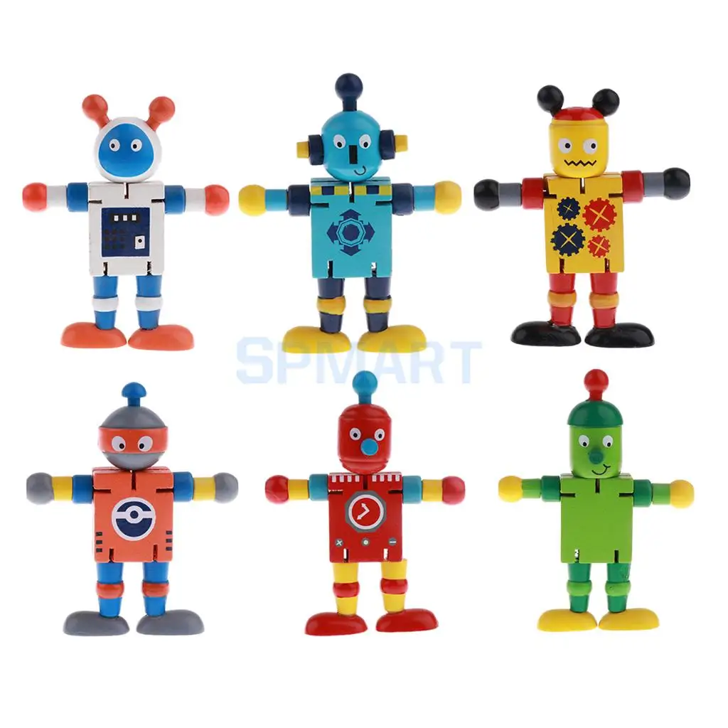 6pcs Wooden Walnut Puppets Robots Action Figure Toys Flexible Joints Poseable for Baby Children Kids Christmas Gifts