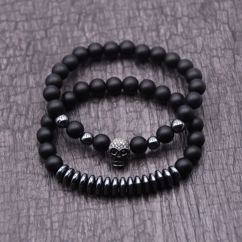 

Kang hua 2 pieces/set 8mm Matte Black stone bead bracelet Pave CZ skull Hematite bracelets for men&women Bijoux charming gift