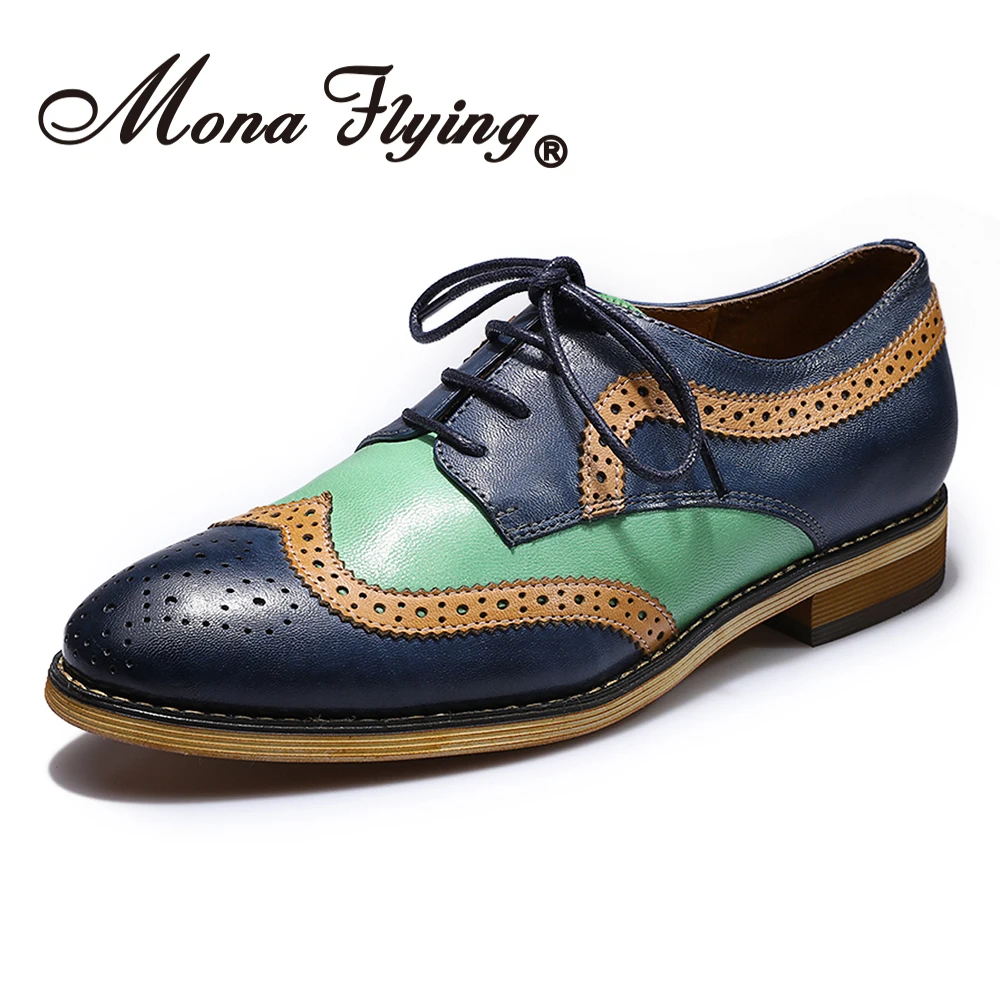 

Mona flying Womens Leather Multi-Color Lace-up Oxfords Brogue Wingtip Derby Saddle Shoes for Womens Girls Ladies B098-01