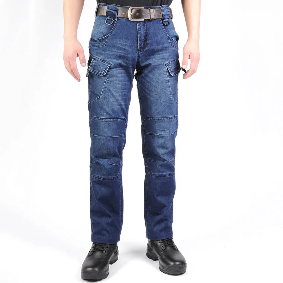  Mcikkny Men's Cargo Casual Jeans Pants With Multi-pockets Motorcycle Denim Trousers Military Style 