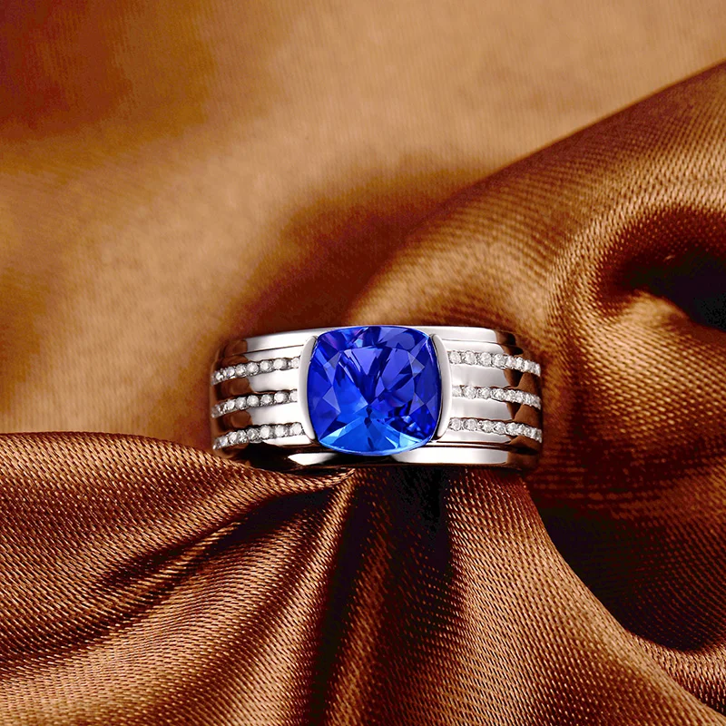  Romantique réel 14K or blanc naturel Tanzanite hommes anneau charmant 0.32ct diamant bijoux de mari