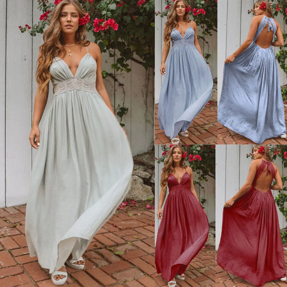 

Women Boho Floral Maxi Long Dress Summer Evening Party Beach Sleeveless Strapless Lace Solid Backless Ankle-Length Dress