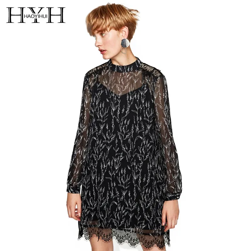 HYH HAOYIHUI Lace Patchwork Printed Pattern Dress Key Hole Back Long Sleeve Shift Women Dresses Vintage Party Mini Fashion|women dress