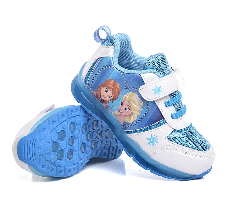 Летние disney «Холодное сердце» для девочек; повседневные спортивные туфли с светодиодный свет дышащие мягкие легкие детские спортивные туфли