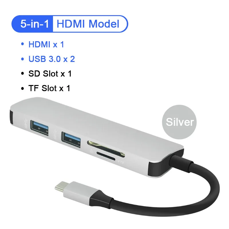 5 в 1 взаимный обмен данными между компьютером и периферийными устройствами C концентратор Тип C концентратор к HDMI USB 3,0 SD/TF Card Reader адаптер для MacBook samsung Galaxy S9/S8 huawei P20 Pro - Цвет: silver