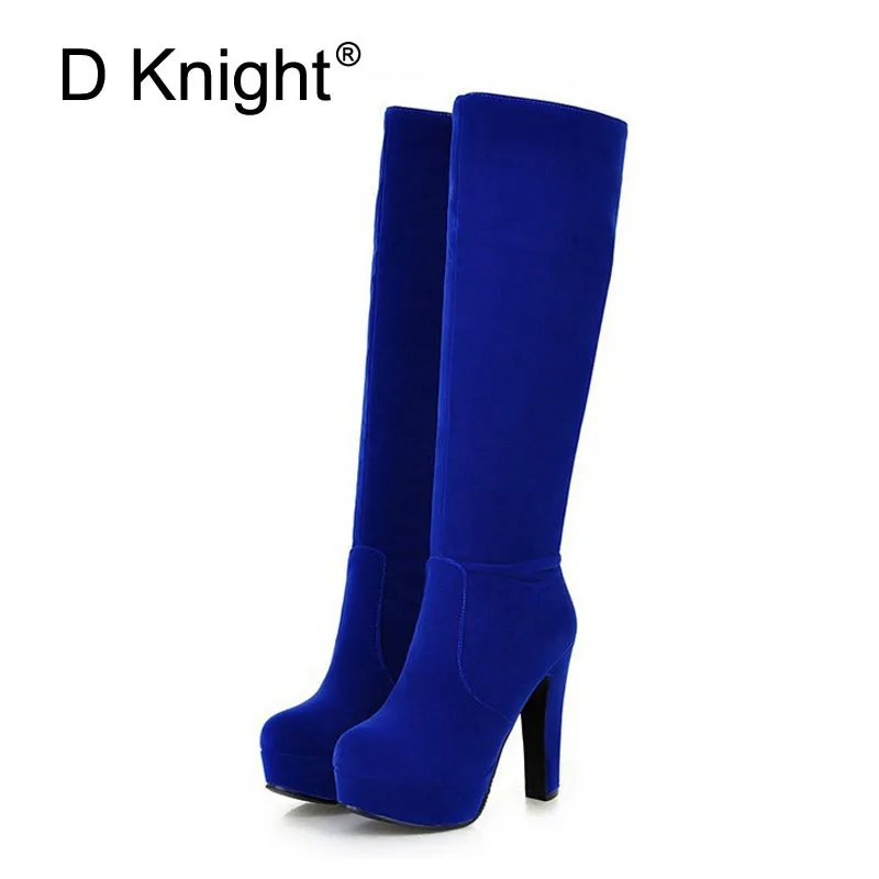 

High Heel Boots Female Platform Knee-High-Boots Women Zip Square Heels Round Toe Black Red Blue Brown Shoes Woman Big Size 32-45