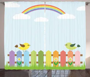 

Vintage Rainbow Kitchen Curtains Birds on a Colorful Fence on Checkered Squares Gingham Pattern Background Window Decor