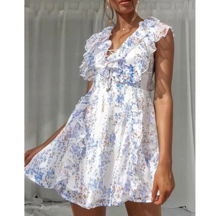 

2019 Newest Women Fashion Sexy Dress Sleeveless Flower Printed V-neck Ruffled Style Mini-dress Holiday and Vocation Dresses