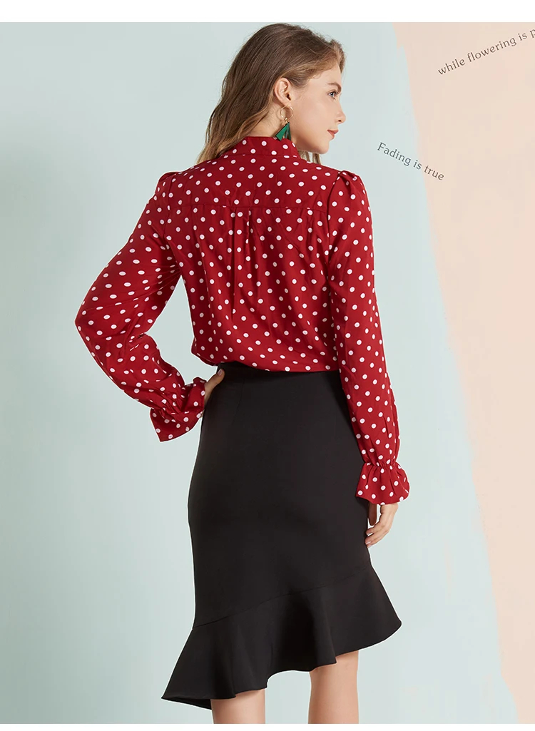 HELIAR Офисная Женская OL Блузка рубашка винтажная красная в горошек Топы с оборками рукавом Свободная Повседневная Блузка