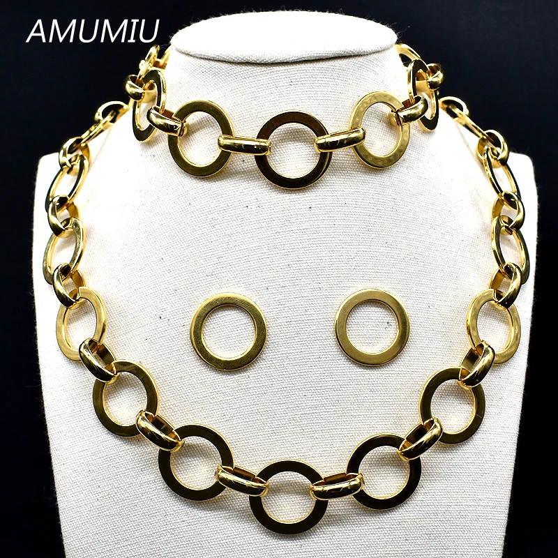 AMUMIU модное женское ожерелье комплект Нефритового изделия золотого цвета из нержавеющей стали ювелирные изделия для женщин KTZ030