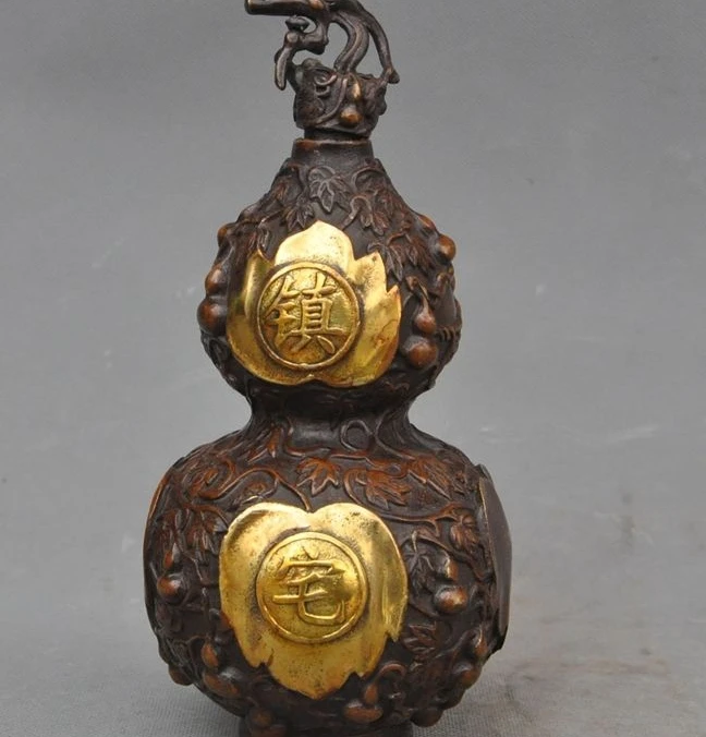 

8" Marked Chines Fengshui bronze Gilt Gourd Calabash Cucurbit Bottle Jar Vase