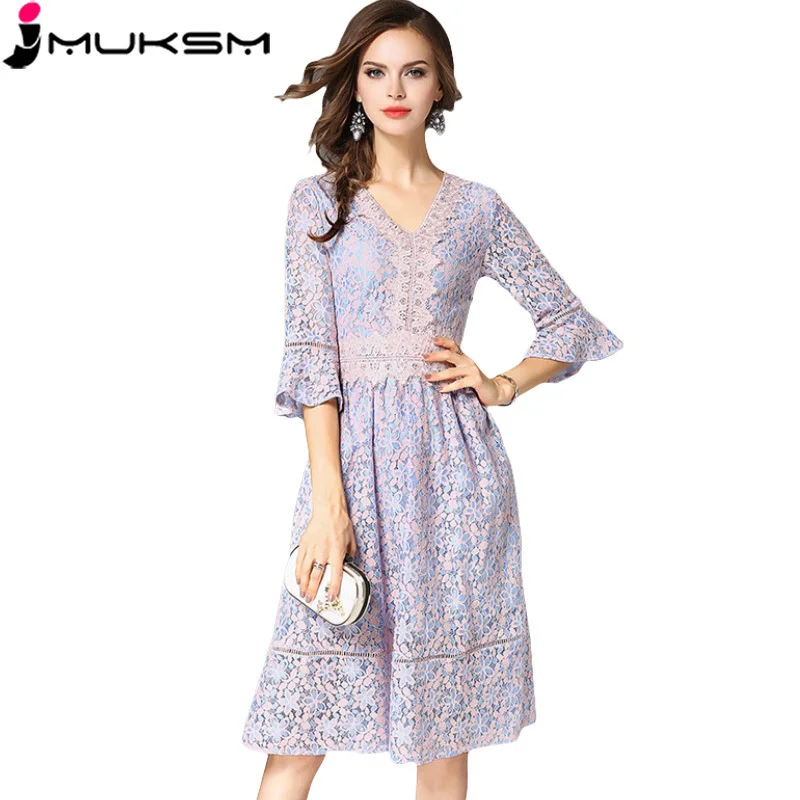 European 2018 stitching summer lace women dress high waist flared V
