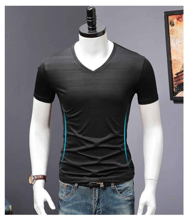 2018 Summer Mercerized Cotton Men's T-Shirt Short Sleeve Plain Black Clothes V-Neck Slim Fit Silk Cotton Cool Tee Icy Silk Trend (15)