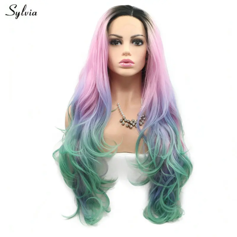 Sylvia синтетические парики длинные объемные волнистые высокотемпературные волокна парик красочные Русалка омбре с темными корнями розовый, фиолетовый, зеленый 4 тона парики