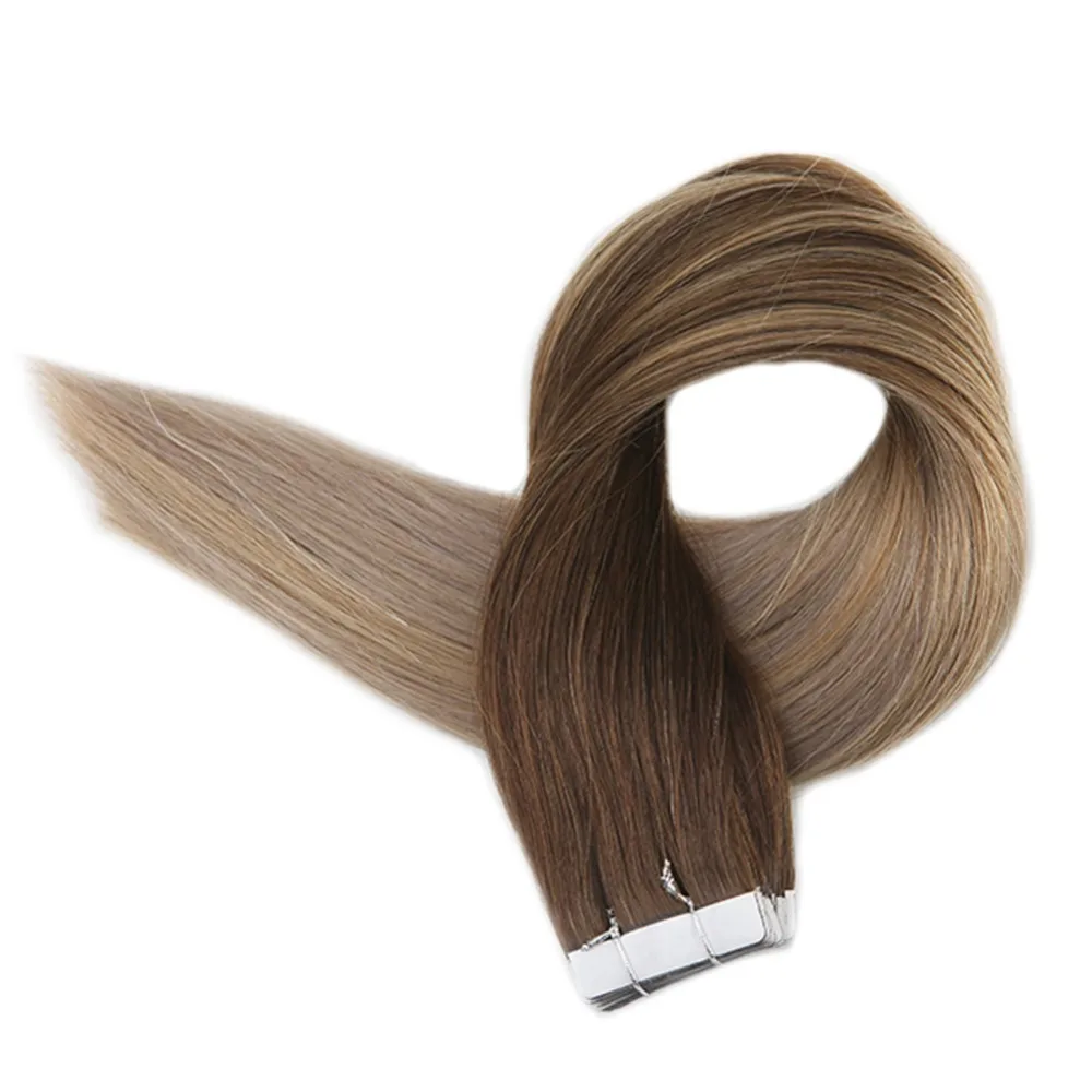 

Full Shine Glue on Hair Balayage Color #4 Brown Fading to #18 and #27 Blonde Machine Made Remy Hair 20 Pcs 50 Grams Per Package