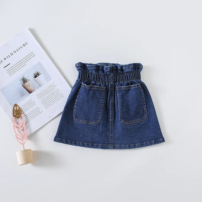 Детская юбка новая модная повседневная джинсовая юбка для девочек на весну и осень синяя эластичная юбка с карманами на пуговицах для малышей