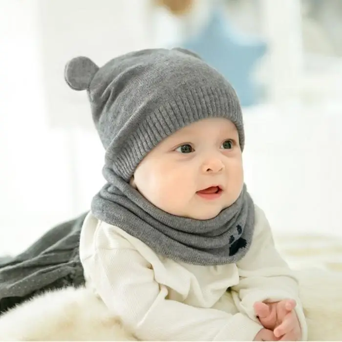 Детская зимняя шапка s наборы с шарфом теплая вязаная Круглая Шапочка Милая шапочка с рисунком медведя NGD88