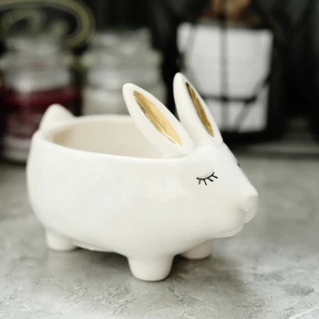 

ceramic creative Golden bunny bowl home decor crafts room decoration porcelain animal figurine cute rabbit storage tray Key bowl