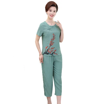 

2020 Summer new mother clothes two piece sporting suit women's casual short-sleeved cotton linen suit middle-aged tops+pants set