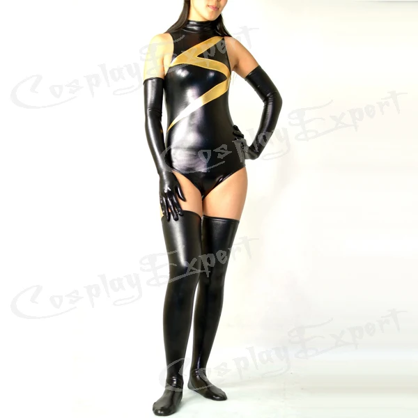 DHL,, сексуальные черные и золотые блестящие металлические/лайкра спандекс, MS Marvel, вечерние костюмы, зентай-костюм, комбинезон TM123