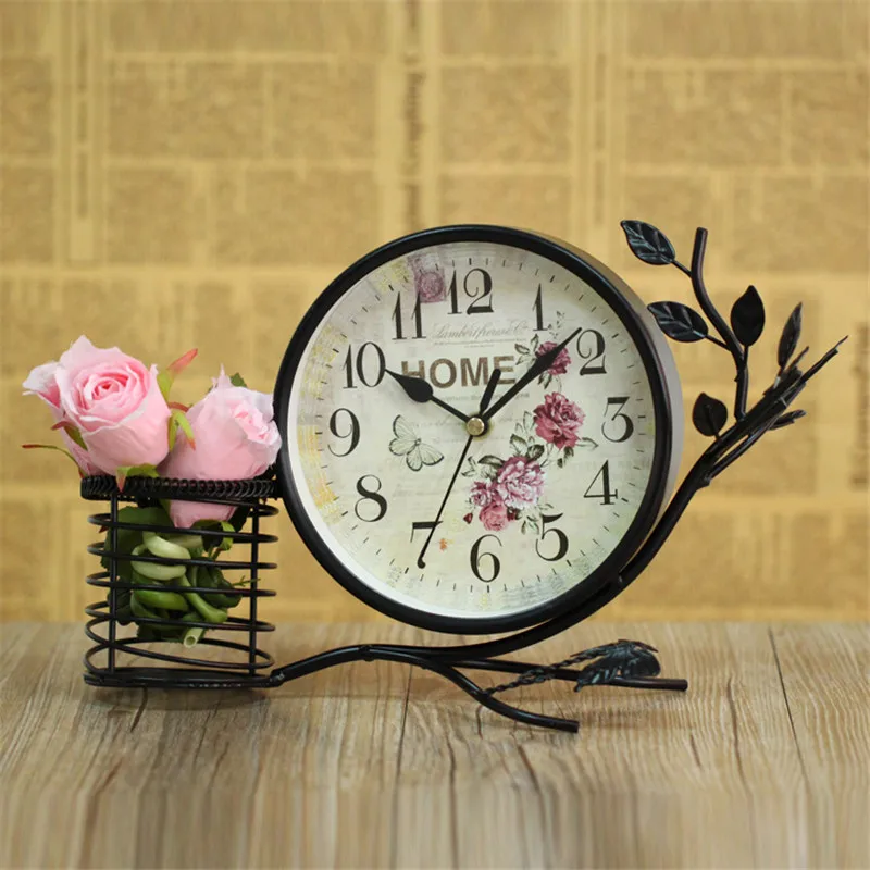 

European Style Garden Clock Modern Living Room Mute Iron Table Clock Home Decor Desktop Clock With A Pen Holder