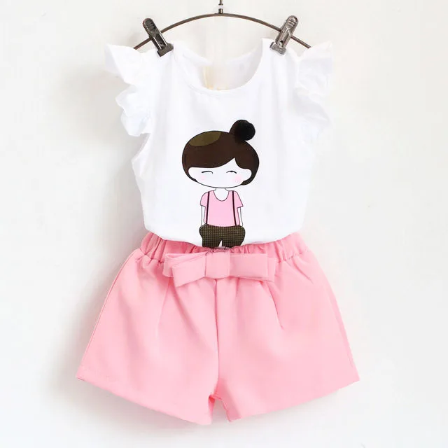 Летняя одежда для девочек младшего возраста топ с короткими рукавами и мультяшным принтом+ шорты детский комплект из 2 предметов на возраст от 0 до 7 лет BC1070 - Цвет: Розовый