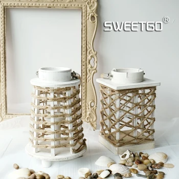 

Wooden wind lamp candlestick hemp rope decorations wedding decorations retro lantern European - style home accessories