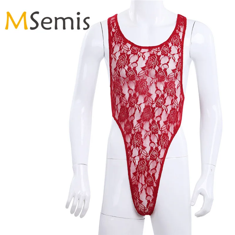 

MSemis Sexy Men Lingerie One-piece Floral Lace Semi See-through Mankini Bodysuit Underwear Sleeveless High Cut Jumpsuit Costume