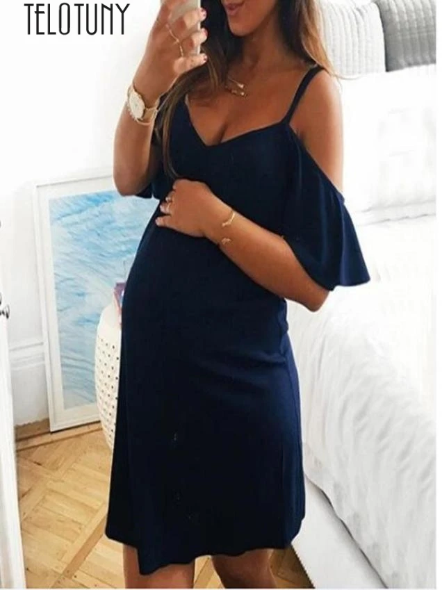 

TELOTUNY maternity dresses Fashion Womens Pregnants V-Neck Ruffles Nursing Maternity Solid Camis Dress Z0829