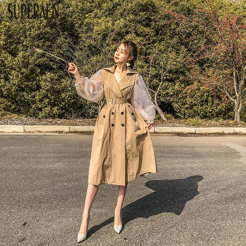

SuperAen Fashion Europe Trench Coat for Women Wild Casual 2019 Spring and Autumn New Mesh Stitching Ladies Windbreaker