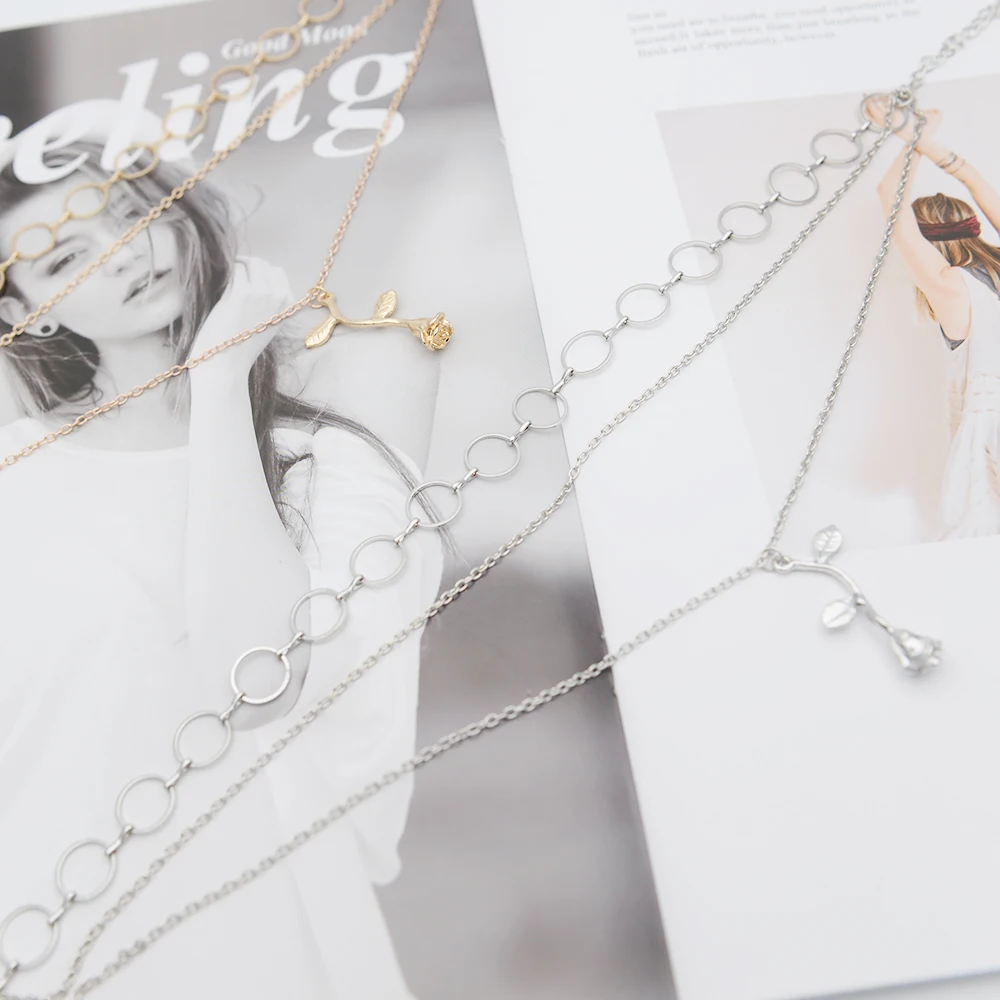 

Gold/Silver Leaf 3 Layers Handmade Beads Geometry Letter"V" Rose Flower Necklace 40/60cm Length Men Chain Pingente Masculino