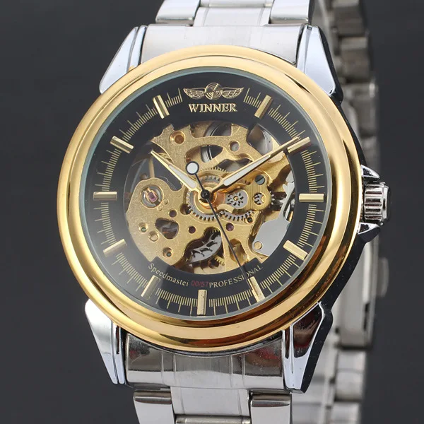 

WINNER Men Trendy Mechanical Watches Alloy Case Golden Skeleton Dial Waterproof Sports Masculino Metal Wrist Watch