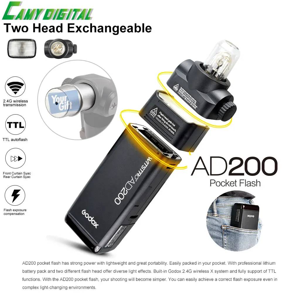 

Godox Pocket Flash Outdoor Flash AD200 Convertible cap 2.4G Wireless X system 200WS TTL High speed 1/8000s sync+AD-S15 Gift Kit