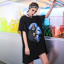 Летняя Новинка Harajuku уличная футболка женская с коротким рукавом женское шифоновое свободное лоскутное платье с длинным рукавом Хлопок Волчья Голова Печать Большой размер Повседневная футболка