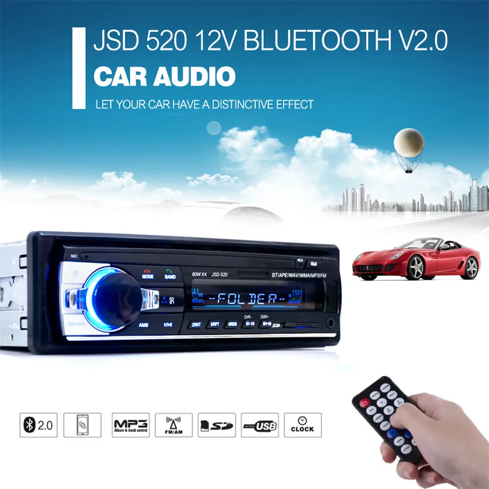 

Car Radio Autoradio 12V Bluetooth V2.0 JSD520 Car Stereo In-dash SD USB MP3 MMC WMA Car Radio Player 1 Din FM Aux Input Receiver