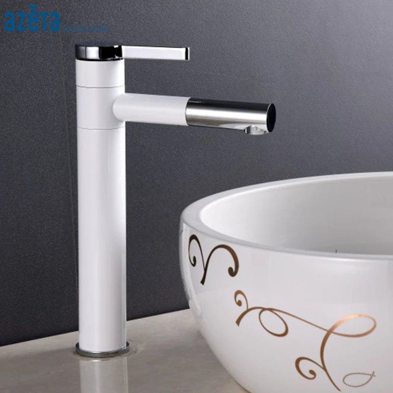 

Azeta White Tall Basin Mixer Tap Bathroom Single Handle 360 Swivel Spout Deck Mounted Cold and Hot Basin Faucet Torneira AT7756H