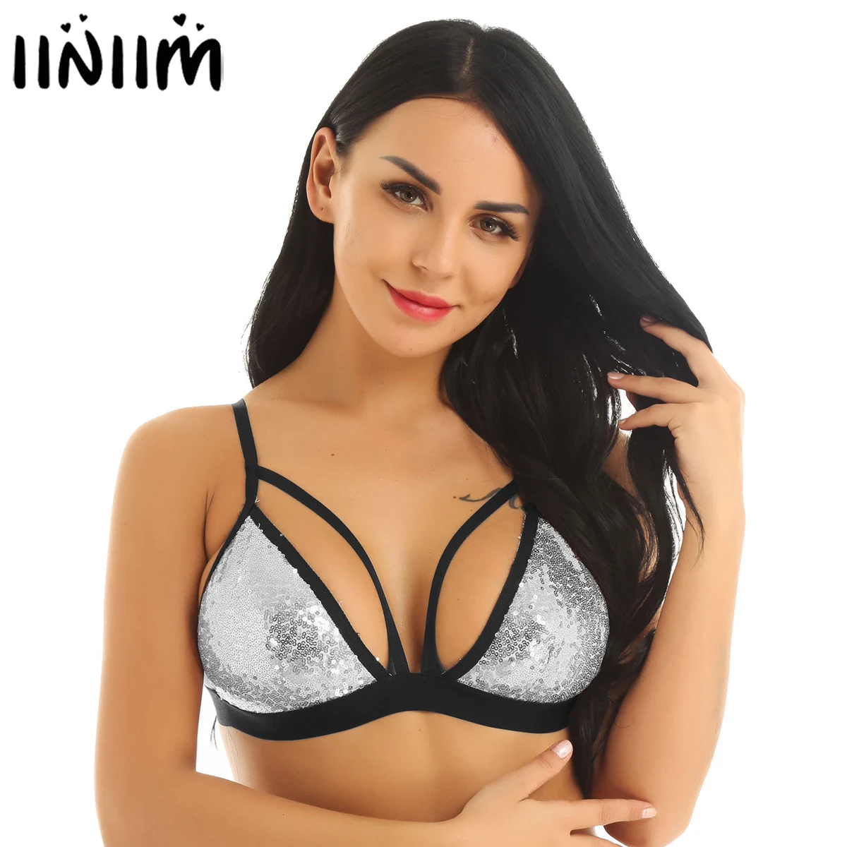 

Womens Fashion Diamond Bra Dazzling Sequins Holographic Bras Wire-free No Paded Triangle Bralette Tops for Pole Dances Clubwear