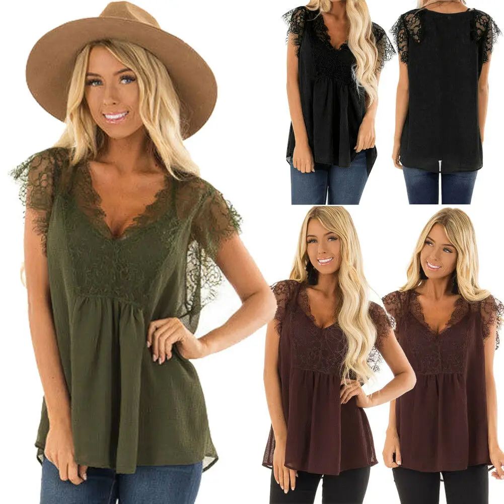 

Women Summer Sleeveless Lace Shirt Tops Loose T Shirt Casual Tee Top Sexy Tees